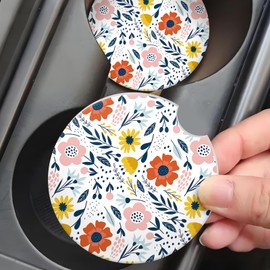 Boho Flower Leaves Car Cup Coasters, 2 Pack Absorbent Ceramic Coasters with Finger Notch & Cork Base, Cute Interior Accessories for Women