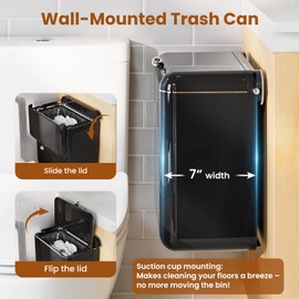 InnJoey 7-Piece Black Bathroom Set with Suction Wall Trash Can - Space Saving Organizer Kit with Toilet Brush, Liquid & Foam Soap Dispenser, Toothbrush Holder, Cup, Soap Dish for Bathroom Kitchen