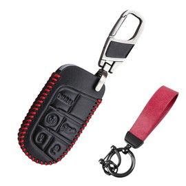 Leather Key Fob Cover Compatible with Dodge Durango Challenger Charger Hornet Jeep Compass Grand Cherokee WK Ram Promaster Chrysler 300 Leather Protector Shell Black and Red Key Fob Cover Case Chain
