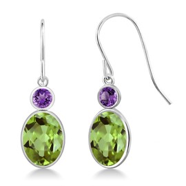 Gem Stone King 14K White Gold Green Peridot and Purple Amethyst Hook French Fish Ear Wire Dangle Earrings For Women (2.86 Cttw, Gemstone August Birthstone, Oval 8X6MM, Round 3MM)