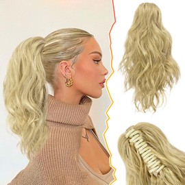 35 cm Short Wavy Ponytail Extension, BARSDAR Claw Clip Curly Blonde Ponytail Hair Extensions, Synthetic Clip Hairpiece, Hair Extension, Natural, Soft, Daily Party (Light Ash Blonde)