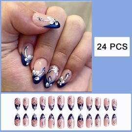 Blue Flower Press On Nails French Short Almond French False Nails Flower False Nails with White Flower Pattern Acrylic Nails Summer Stickers Nails Girls Nail Art Decoration 24pcs