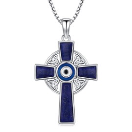 TwoAnts Celtic Cross Necklace 925 Sterling Silver Nature Lapis Lazuli Evil Eye Pendant Celtic Trinity Knot Necklace Egyptian Jewelry Gifts for Women Girlfriend