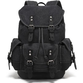 HuaChen Vintage Leather Backpack: Spacious Durable Canvas Rucksack for Men & Women, Perfect for Travel and College Life (M86_Black)