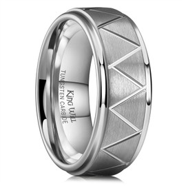 King Will Tungsten Carbide Ring for Men, 8mm Mens Wedding Band with Triangles Grooves Silver Brushed, Comfort fit, Size 10