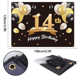 PAKBOOM Happy 14th Birthday Banner Backdrop - 14 Birthday Party Decorations Supplies for Boys - Black Gold 4 x 6ft