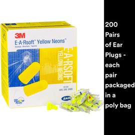 3M E-A-R 3M Ear Plugs, 200 Pairs/Box, E-A-Rsoft Yellow Neons 312-1251, Uncorded, Disposable, Foam, NRR 33, Drilling, Grinding, Machining, Sawing, Sanding, Welding, Slightly Longer Ear Plug, 1 Pair/Poly Bag