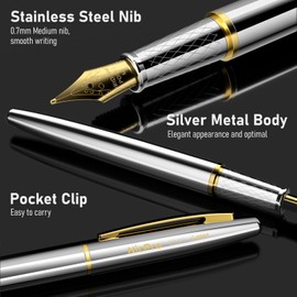 Nicpro Fountain Pen Set, Luxury Silver-Gold Fancy Pen, 0.7mm Medium Nib with Ink Refill Converter, Metal Pen Case Smooth Writing Calligraphy Refillable Pen for Men Women Professional, Office, Business