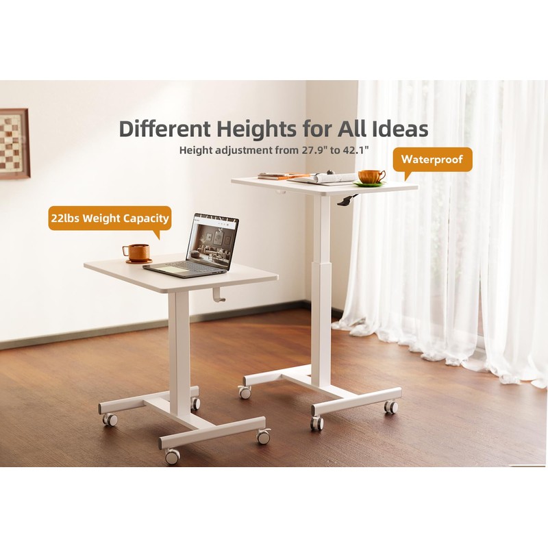 Claiks Mobile Standing Desk, Small Rolling Workstation With Wheels, Pneumatic