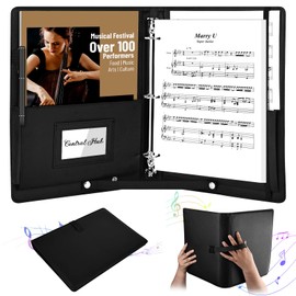 bssmmai Black Choir Folder for Singers, PU Music Folder for Sheet Music, A4, Piano Ring Binder with Hand Strap and Pen Holder, Music Folder with Inner Pocket, Maximum Capacity, 200 Sheets