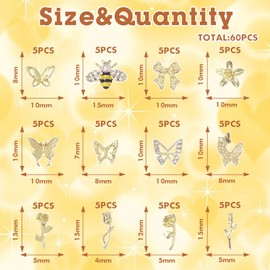 60 Pcs Bee Nail Gold Charms, 12 Styles 3D Bee Gold Nail Charms Butterfly Flowers Nail Charm and Gems, Honeybee Rose Flower Golden Charm for Acrylic Nails Y2K DIY Accessories