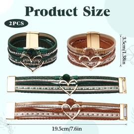 COAUXOG 2Pcs Boho Bracelets Woven Leather Multi-Layer Wrap Bracelet with Heart and Rhinestones,Versatile Stackable Jewelry Cuff Bracelet for Women(Dark Brown+Dark Green)