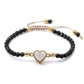 Top Plaza Womens 4mm Beads Black Tourmaline Chakra Healing Crystal Bracelet Gold Lava Rock Stone Adjustable Bracelets With Heart Shape Druzy Charm
