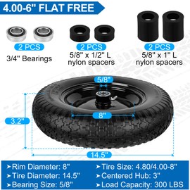 4.80/4.00-8" Flat Free Wheelbarrow Tire and Wheel, 14.5" Universal Fit Solid Tire with 5/8" or 3/4" Bearing, 3"-7" Hub, Adapter Kit Hand Truck Wheel Replacement for 3.50/2.50-8", 4.00-6"nhs etc