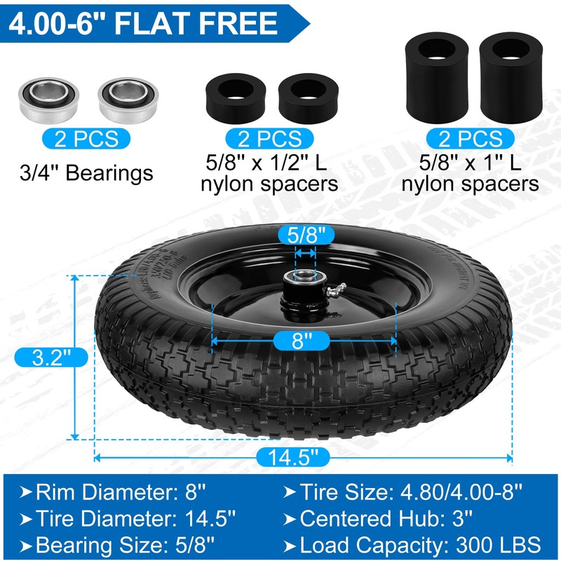 4.80/4.00-8" Flat Free Wheelbarrow Tire and Wheel, 14.5" Universal Fit