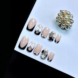 24Pcs French Tip Press on Nails Short Square Fake Nails with 3D Bow Flowers Design Black White French Nail Tips Glitter Star Rhinestones False Nails Full Cover Glossy Stick on Nails for Women Girls