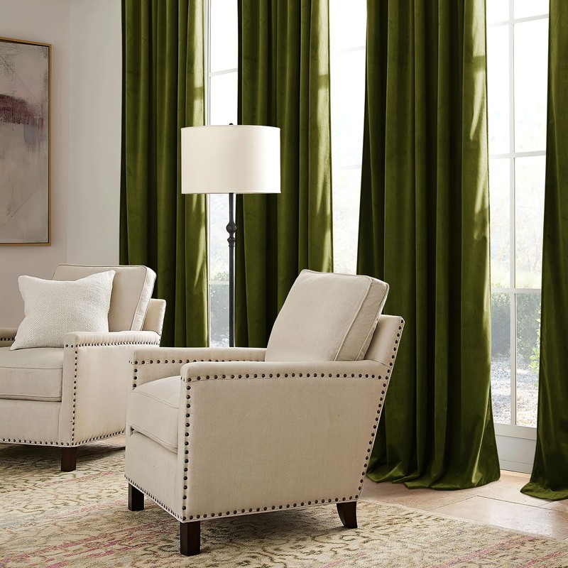 RYB HOME Moss Green Velvet Curtains 90 inches, Luxury and