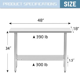 Hally Stainless Steel Table for Prep & Work 18 x 48 Inches, NSF Commercial Heavy Duty Table with Undershelf and Galvanized Legs for Restaurant, Home and Hotel