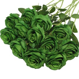 Artificial Green Roses Flowers, 12 Pcs Fake Rose in Bulk, Long Stem Realistic Silk Roses Bouquet for Spring Home Decor, St. Patrick's Day, Party Centerpieces, Flower Arrangement (Dark Green, 12-PCS)