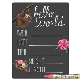 Cohas Hello World Newborn Baby Announcement Chalkboard Sign with Pink Sloth Theme, 9 by 12 Inches, Pink Marker