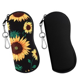 MoKo Sunglasses Soft Case 2 Pack, Ultra Light Portable Neoprene Zipper Glasses Soft Case, Eyeglass Safety Pouch Zipper Box Case with Belt Clip, Black + Sunflower