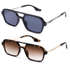 COASION Vintage 70s Flat Aviator Small Frame Sunglasses for Women Men Square Metal Design UV400 Protection Shades (Black Frame/Grey Lens + Leopard Frame/Gradient Brown Lens)