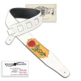 Walker & Williams CVG-51 White Leather Strap Hand Tooled Leather Red Rose Design For Acoustic, Electric, And Bass Guitars