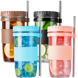 wookgreat 4 Pack Bubble Tea Cup, 24oz Iced Coffee Cups, Mason Jar with & Straws & 4 Airtight Lids, Reusable Wide Mouth Smoothie Boba Cup, Clean Brush, Glass Cups, Travel Drinking Bottle