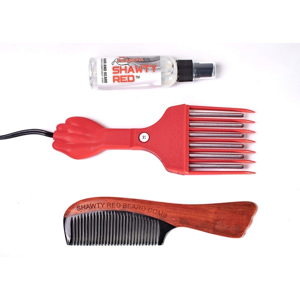Shawty Red Low Heat Beard Grooming Growth Kit for Men, Hot Afro Comb, Skin Sensitive Adjustable Temperature Wooden Comb & Leave in Conditioner Spray for the Facial Hair Care (Watch The VIDEO)