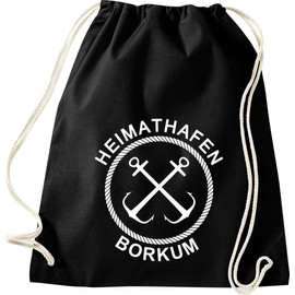ShirtInStyle Turnbeutel, Heimathafen Borkum Sprüche Spruch, Urlaub See Hafen Strand Familie, Farbe Schwarz