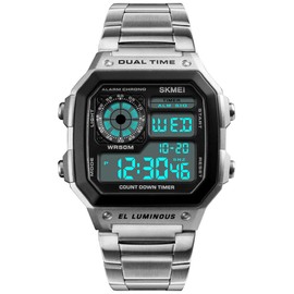 FANMIS Men's Luxury Digital Quartz Waterproof Wrist Watches Dual Time Countdown Alarm Stopwatch Backlight Multi-Function Watch (Silver)