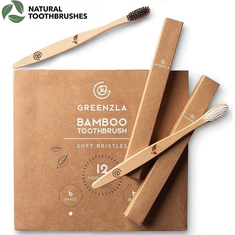 GREENZLA Bamboo Toothbrushes (12 Pack) | BPA Free Soft Bristles