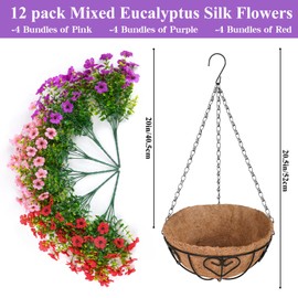 Waipfaru Artificial Flowers for Outdoors, Fake Hanging Plants Flowers with Basket, Faux Green Plant in Metal Coconut Lining Pot, Daisy with Eucalyptus Leaves for Summer Decor(Red Pink Purple)
