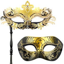 Hoshin Masquerade Mask for Couple, Mardi Gras Deecorations Venetian Masks with Stick for Womens(Gold & Black)