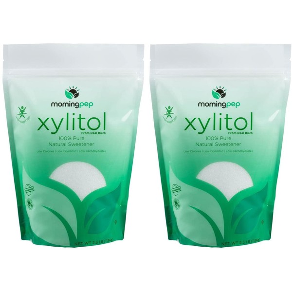Pack of 2 Morning Pep Pure Birch Xylitol (Keto Diet Friendly) Sweetener with no Aftertaste 2.5 LBs (Not from Corn) Non GMO Kosher Gluten Free Product of USA. Total 5 Lbs (80 OZ)