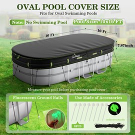 UIRWAY 10x16 FT Oval Pool Cover with Reflective Strips for Above Ground Pool, Oval Solar Pool Cover Including Windproof Rope Tie and Luminous Ground Nails, Swimming Pool Cover with 2 Handles