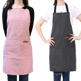 Kitchen Aprons, 2 Pcs Adjustable Striped Cooking Bib Apron with 2 Pockets Housewares Chef Apron for Women Men Cooking,Baking (Black Pinstripe+Pink pinstripe)