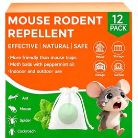 Mouse Rodent Repellent 12 Pack, Natural Peppermint Oil Repellent Balls, Safe for Family & Pets, Indoor & Outdoor Moth Balls for Mice Rats Roaches Spiders Ants, for Home Garage Basement Kitchen