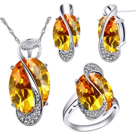 Uloveido Unique White Gold Plated Simulated Big Oval Yellow Topaz Diamond Necklace Rings and Clip on Earrings Set for friend (Platinum Plated, Yellow Stone, Size 9) Y183