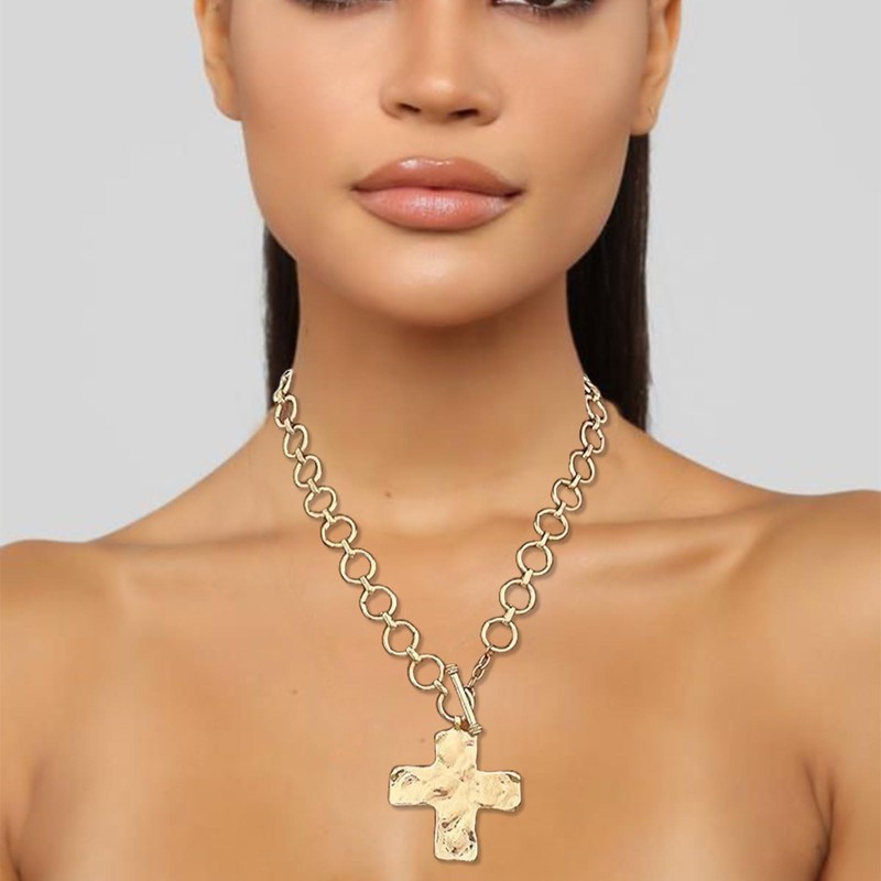 GlamRays Cross Necklace Statement Gold Cross Pendant Necklace Embossed Impressive
