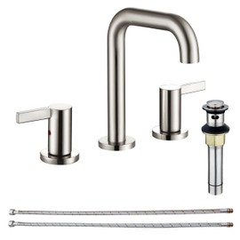 RKF Bathroom Faucets for Sink 3 Hole Brushed Nickel 8 inch Widespread Bathroom Sink Faucet with Drain Double Lever Handle Faucet Bathroom Vanity Faucet Basin Mixer Tap Faucet with Hose&Deck CWF028-BN