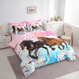 Feelyou Girls Horse Comforter Set Twin Size 7 Pcs West Horses Comforter Bed in a Bag Pink Cherry Blossom Bedding Set for Women Teens Farmhouse Western Bed Set with Sheets, Pillowcases, Pillow Covers