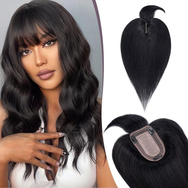 TESS Real Hair Topper Real Hair Black, 7 x 13 cm Base Toupee Women's #1 Black with Fringe Hair Topper Real Hair 53 g 45 cm Hair Topper Clip in Hairpiece Extensions