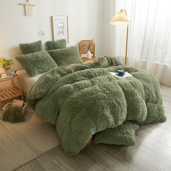XeGe Cozy Plush Shaggy Duvet Cover, Luxury Soft Fluffy Furry Solid Color Comforter Cover, 1 PC Bedding for Girls Women Bedroom (1 Faux Fur Fuzzy Quilt Cover), Zipper Closure (Queen Size, Sage Green)