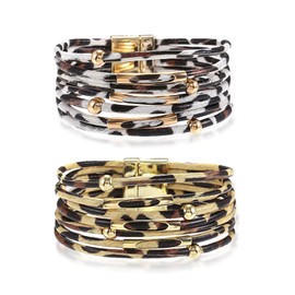 UILYNIU Pack of 2 Leopard Bracelets Wide for Women, Women's Multilayer Leather Bracelet with Magnetic Buckle, Cheetah Bracelets, Cuff Bracelet, Boho Wrap Bracelet for Festival Accessories, One size