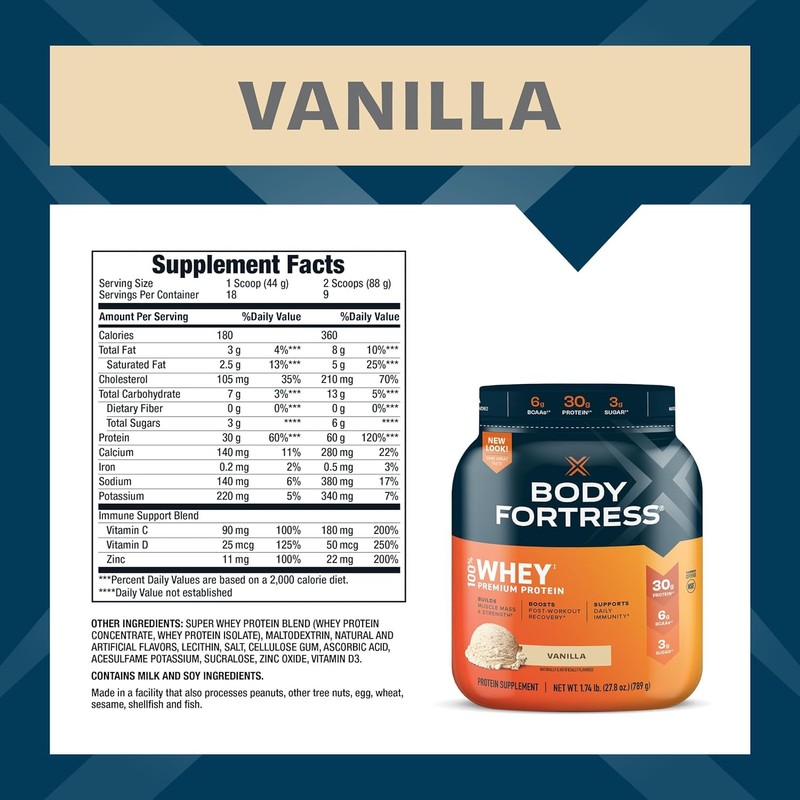 Body Fortress Super Advanced Whey Protein Powder, Vanilla, Immune Support