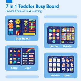 Toddler Busy Board - Montessori Toys for 2 Year Old Boy Birthday Gift -7in1 Preschool Learning Activities with Life Skills,Alphabet,Number,Shape,Color,Animal,Weather - Stocking Stuffers for Toddlers