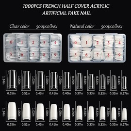 Nails Kit Acrylic Set 1000Pcs Press on nNail Fake French Curved Nail with with 3D White Flower Nail Art Charm Decoration (Clear+Natural)