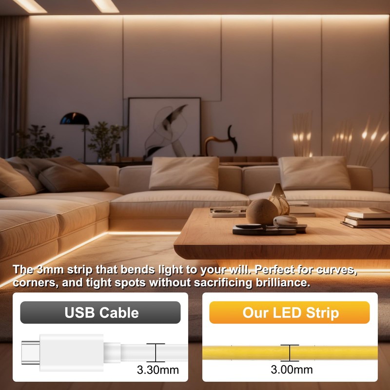 3mm COB Strip Light, DC 12V Natural White 16.4ft Flexible