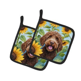 Caroline's Treasures Labradoodle in Sunflowers Pair of Pot Holders Kitchen Heat Resistant Pot Holders Sets Oven Hot Pads for Cooking Baking BBQ, 7 1/2 x 7 1/2